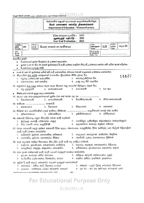 Grade 9 Sinhala Third Term 2025 Western Province thumbnail